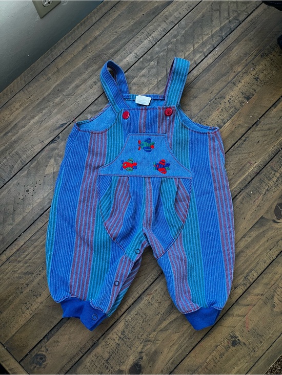Vintage Other - Vintage Baby Striped Blue Overalls with Airplane Embroidery